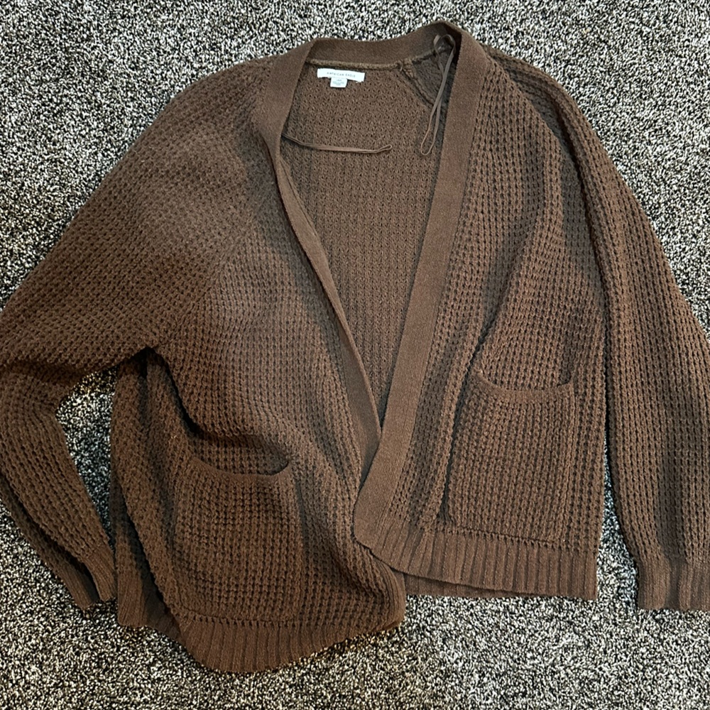 American Eagle Outfitters Brown Open Waffle-Knit Cardigan